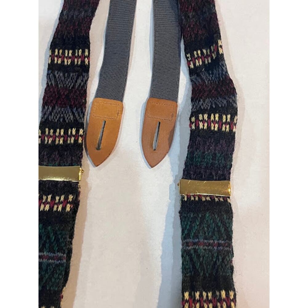 VTG Cole Haan Wool Suspenders Braces Navy Green Red Cream Brn Leather